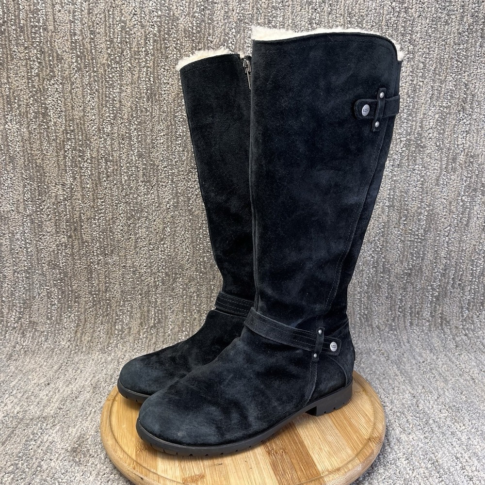 UGG Jillian Womens Size 5 Black Suede Sheepskin Tall Riding Boots 1001959 Used